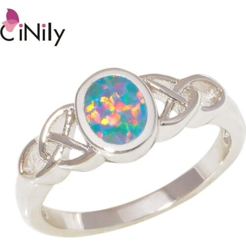 CiNily Created Rainbow Blue Fire Opal Silver Plated Wholesale Hot Sell Fashion Jewelry for Women Gift Ring Size 6-9 OJ9483-84