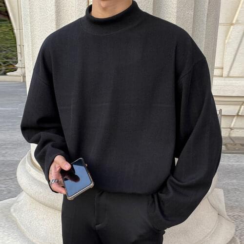 Korean Stand-up Collar T Shirt Mens Fashion Solid Color Casual Cotton T-shirt Men Loose Korean Long-sleeved Tshirt Mens