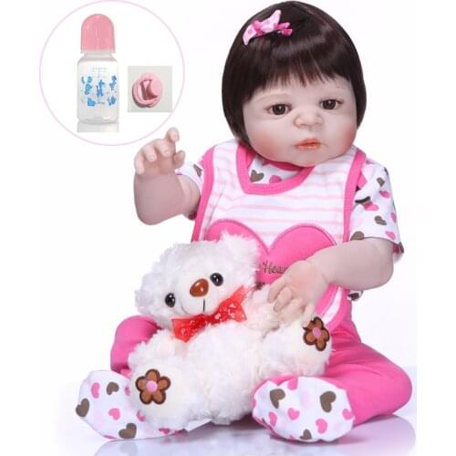 Smooth black hair Reborn Dolls Lifelike Baby girls Newborn reborn Doll and bear gift toy 55cm bebe reborn menina for Kids masha