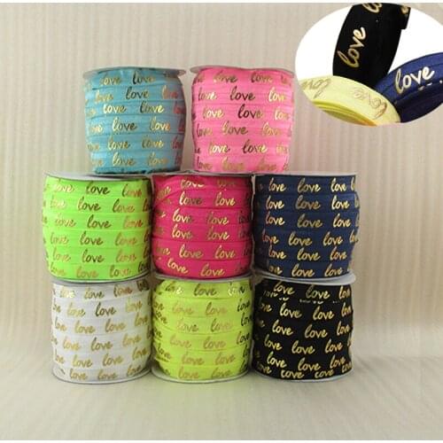 100yards 5/8"16mm Gold foil love text printed FOE fold over elastic ribbon for Valentine design welcome custom printed