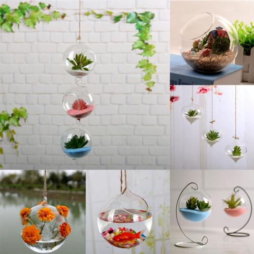 Fashion Transparent Clear Glass Round Terrarium Flower Plant Stand Hanging Vase Hydroponic Home Office Wedding Garden Decor