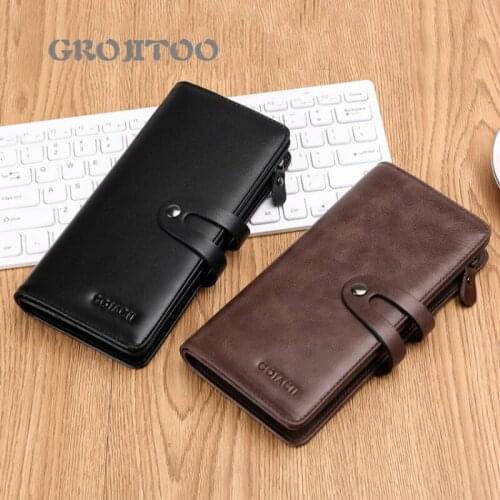 GROJITOO Genuine Leather Mens wallet zipper buckle long wallet for men large capacity handbag multi-card bag