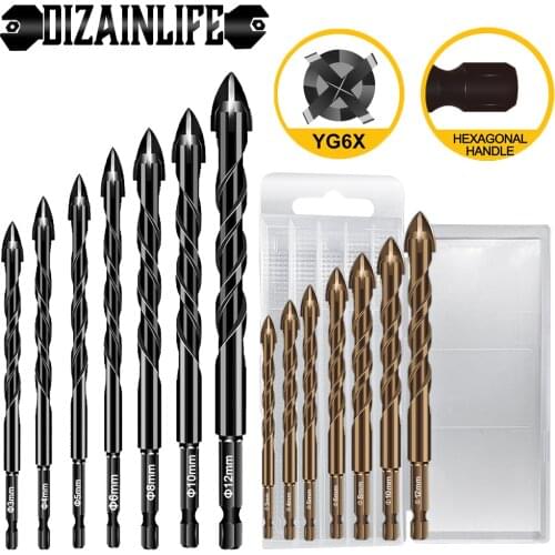 Cross Hex Shank Alloy Drill Bit Set with Storage Box for Masonry Wood Concrete Glass Tile Brick Wall Plastic Black/Brown