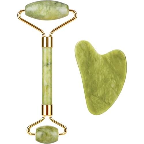 Natural Face Massage Roller Gua Sha Scraping Board Set Double Heads Jade Stone Face Lift Body Slim Facial Skin Care Tools