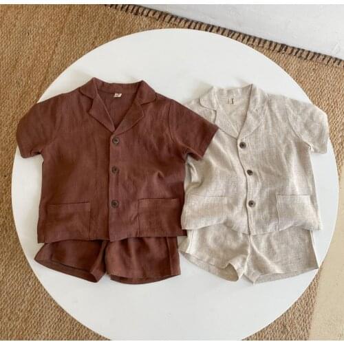2021 new cotton linen girls boys 2 pcs set summer shirt+shorts cool soft kids suit