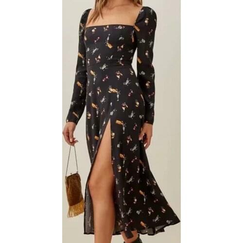 2021 Spring side collar Full Sleeve Boho Split Dresses Fashion beach Middle length Vestidos Women holiday Slim Midi floral Dress