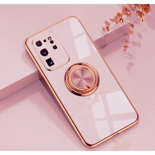 Plating Silicone Case For Samsung Galaxy S20 Ultra S21 Plus FE Note 20 9 10 A52 A72 A42 5G 4G Shell Cover With Ring Holder Stand