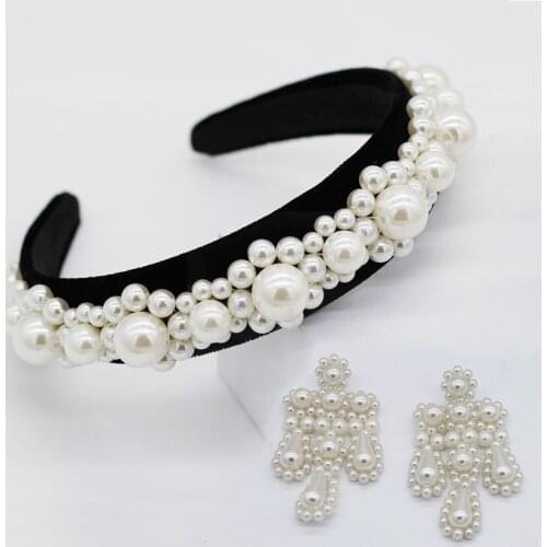 Simple Large Pearl Baroque Headbands for Women Party Show Crown Wide Black Hairbands Girls Headwear Accessories