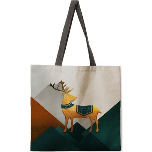 Folding shopping bag illustration golden deer lady shoulder bag female casual handbag outdoor beach bag female tote bag