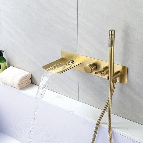 Bathtub Waterfall Shower Faucets Brush Gold Bathroom Bathtub Mixer Taps Hot and Cold Shower Faucets Wall Mounted Bathtub Faucet
