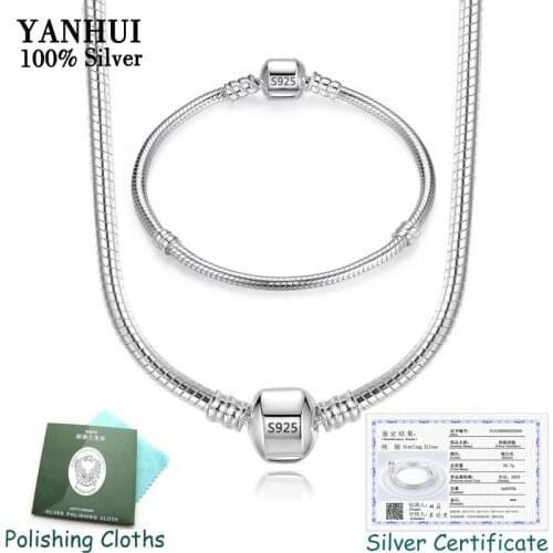 YANHUI With Certificate 100% Original 925 Sterling Silver Jewelry Set For Women Fine 3mm Chain Necklace Bracelet Set ST005