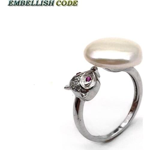 NEW Adjustable Size Resize Baroque Pearls Fox Ring Retro 14mm White 16mm Black Flat Near Round Coin Shape For Lady Freshwater