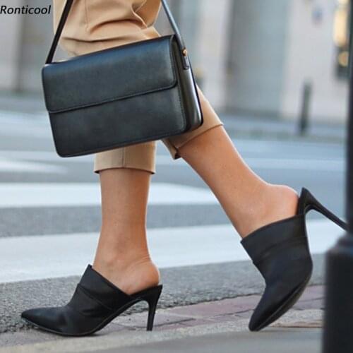 Ronticool New Handmade Women Summer Mules Sandals Satin Stiletto High Heels Pointed Toe Elegant Black Dress Shoes US Size 5-15