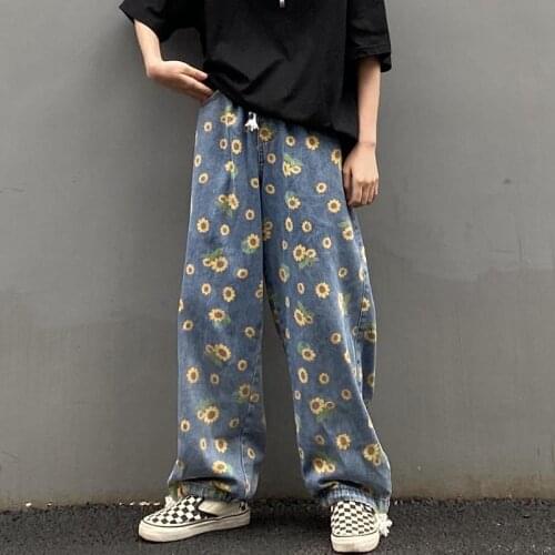 Blue Daisy Full Print Loose Woman Jeans Trousers Harajuku Korean Trend Streetwear Jeans Women Autumn Boyfriend Jeans for Women