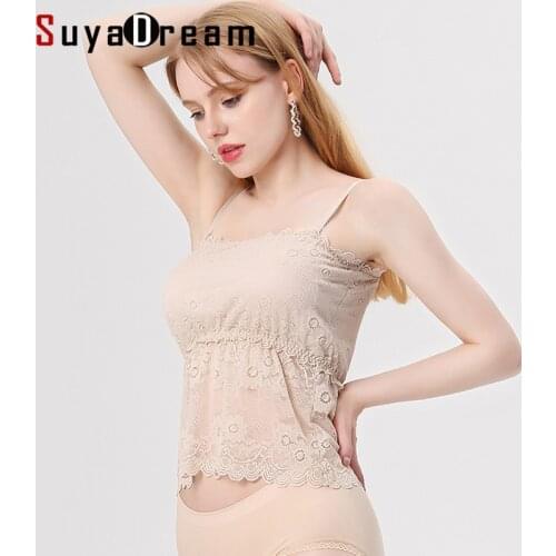 SuyaDream Women Lace Tube Top Real Silk Lining Detachable Padding Strap Camis