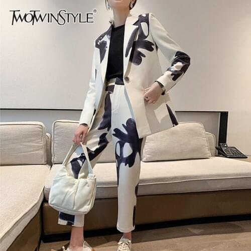 TWOTWINSTYLE Casual Print Two Piece Set For Women Lapel Patchwork Diamond Tops High Waist Loose Pants Female Sets 2021 Fashion