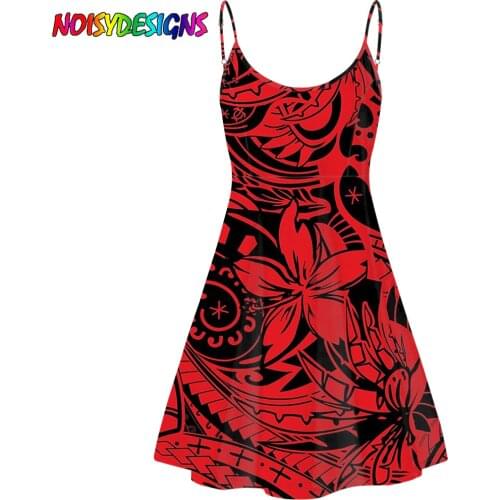 NOISYDESIGNS Women Sleeveless Dress Sexy V Neck Backless Spaghetti Strap Retro Polynesian Hibiscus Tribal Print Slim Dresses Red