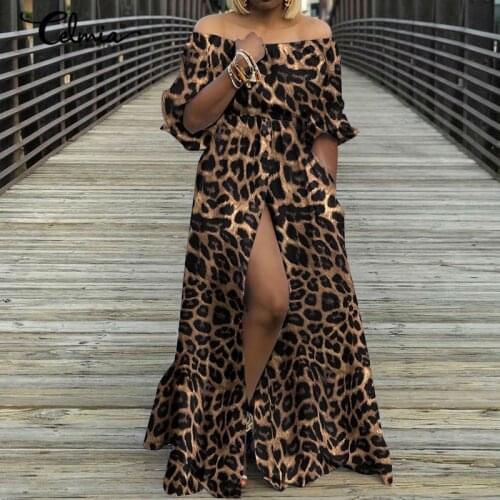 Sexy Off Shoulder Women High Split Sundress Vintage Leopard Print Maxi Dress 2021 Celmia Summer Lantern Sleeve Beach Vestidos