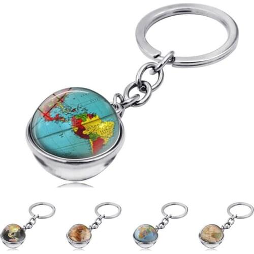 WG 1pc Fashion Retro World Map Time Jewel Cabochon Keychain Pendant silvercolor Glass Ball Metal Keyring