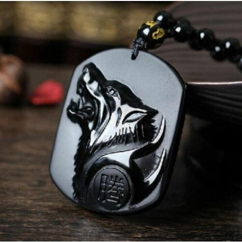 100% Natural Obsidian Hand-carved Animal Wolf Head Domineering Mens Style Lucky Amulet Pendant Necklace