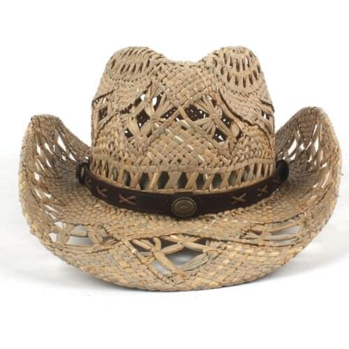 100% Straw Handmade Weave Womem Men Cowboy Hat For Summer Lady Western Cowgirl Sombrero Hombre Lifeguard Hats Size 56-58CM