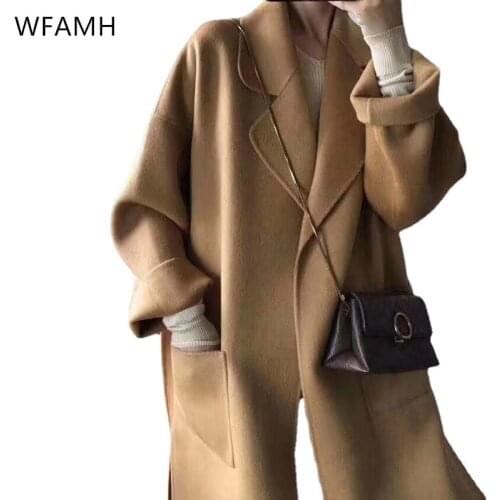 2021 fall/winter new style fashion long lace-up suit collar slit woolen double-sided cashmere coat women Polyester Wide-waisted