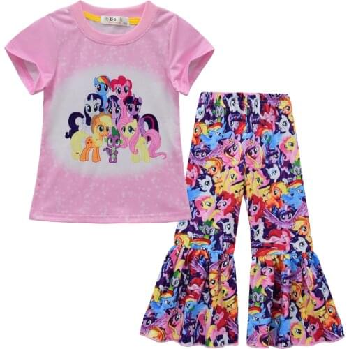 Cartoon Children Girls Suit Pony Unicorn Print Kids Short Sleeve+Cropped Pants Lotus Leaf Foot Halloween Cosplay Fashion Suit