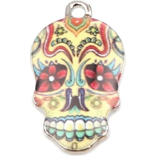 DoreenBeads Fashion Jewelry Making Pendant Zinc Based Alloy Halloween Skull Silver Color Multicolor Enamel 22mm x 13mm, 10 PCs