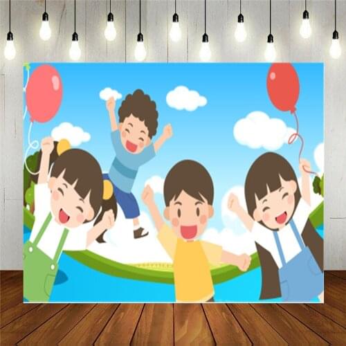 Photo Studio Props Vinyl Photography Backdrop Cartoon Happy Boy Girl Balloon Kids Birthday Party Decoration Customizable Text