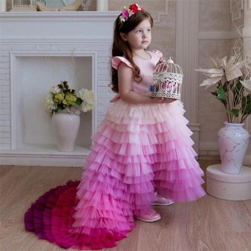 Customized Flower Girl Dresses Tiered Puffy Tulle Pink Girls Pageant Party Dress Birthday Gowns Photography