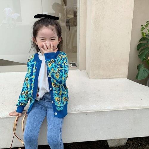 Girls' Cardigan Coat 2021 Autumn New Cute Personalized Print Color Matching Button Knitting Wool Coat Kids Coat for Girls