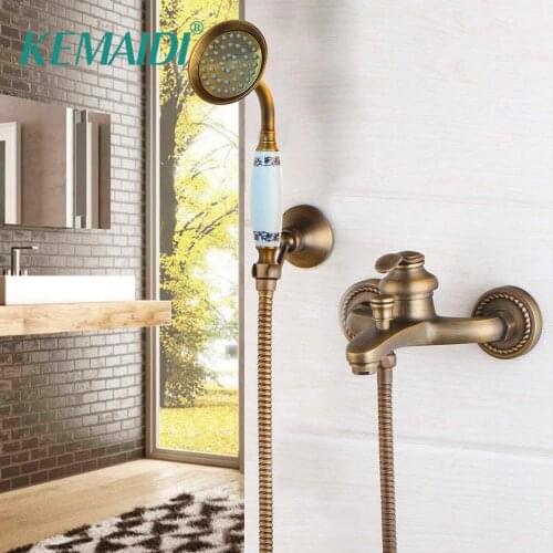 KEMAIDI European Style Antique Shower Set Bathroom Wall Mounted Copper Brass Shower Faucet Elegant Bathtub Shower Crane