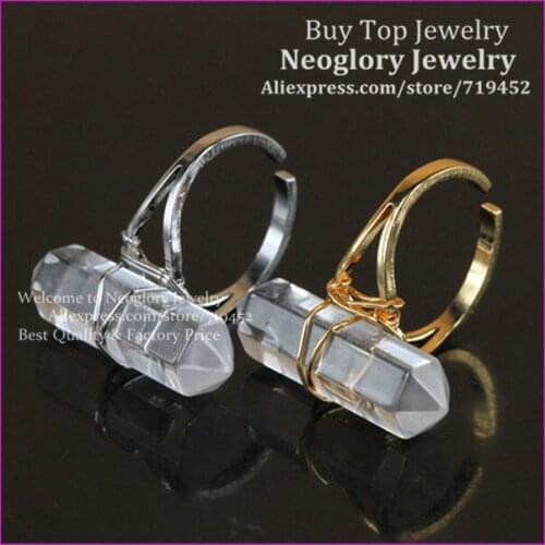 10pcs Natural Crystal Quartz Finger Ring,Gold/Silver Plated Wire Wrapped Bail Point Ring Hexagon Reiki Charka Gems Druzy Ring