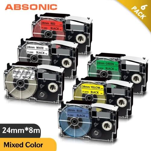 Absonic 6PK for Casio Printer Ribbon XR-24X XR-24WE XR-24RD XR-24BU XR-24YW XR-24GN Label Maker KL-G2 CWL300 KL430 820 KL7000