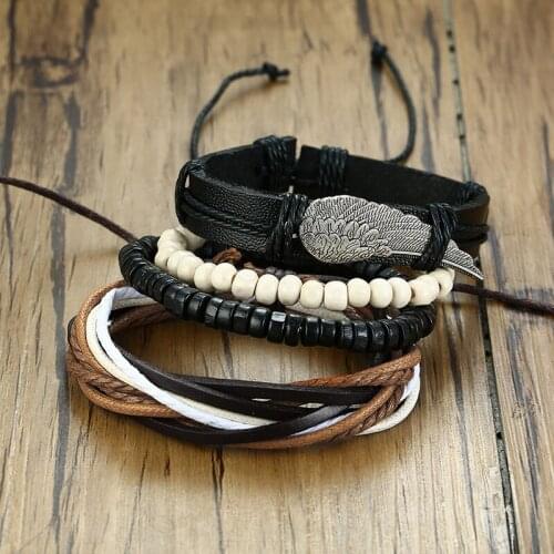 2021 FASHION Trend Western Style Alloy Feather Fitting Wooden Bead PU Braided Four-piece Set Suitable For Men 'Accessories