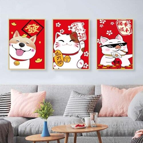 Zozack,Needlework Cross Stitch Kits DIY 11CT Printed Cartoon Animal Auspicious,festive Cat,dog,pig Cross-stitch New Year Decor