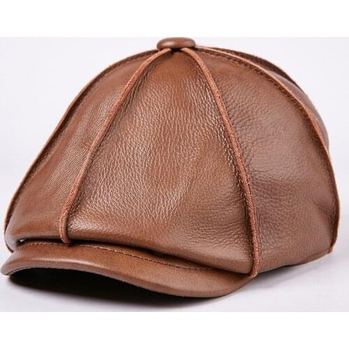 New Arrival Genuine Leather Hat Male Cow Cap Mens Cowhide Warm Baseball Cap Adult Autumn Winter Outdoor Octagonal Hat B-7207