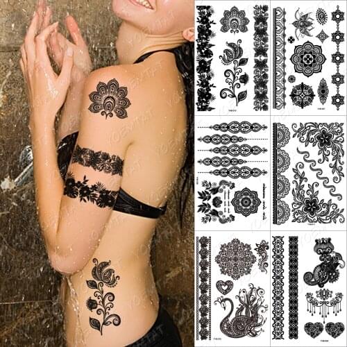 Black ink Waterproof Temporary Lace Tattoo stickers India Henna hand finger tatto Flower Pattern for bodi art women bride girl