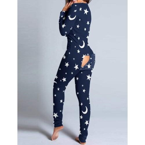 2020 Women Fashion Elegant Casual Star Moon Print Functional Buttoned Flap Adults Pajamas