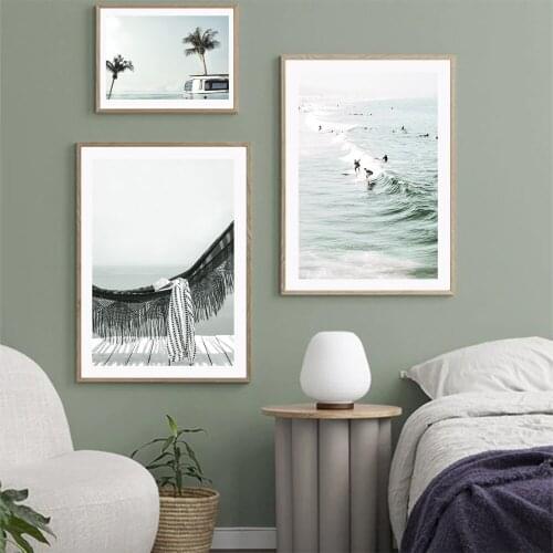 Nordic Seascape Poster Coconut Tree Surfing Bus Canvas Painting Mordern Art Print Summer Wall Picture For Ling Room Home Décor