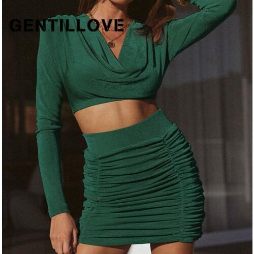 Sexy Two Piece Set Women Crop Top Long Sleeve V Neck Solid Ruched Bodycon Skirt Suits Skinny Vintage Elegant Party Clubwear