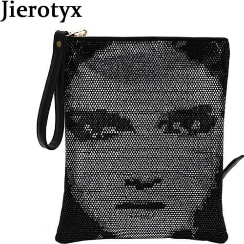 JIEROTYX Shoulder Bag Full Diamonds Ladies Crossbody Bag Chain Diagonal Handbag Phone Bags Lady Personality Face Print Bag