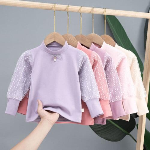 Blotona Sweet Girls Solid Color Pullover Sweater, Long Tulle Patchwork Sleeve, Candy Color Sweatshirts Tops for Spring, Fall