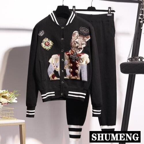 Plus Size Hepburn Knitted Pants Set 2020 Autumn Winter Retro Embroidered Single-breasted Cardigan Sweater Jacket Pants 2 Piece