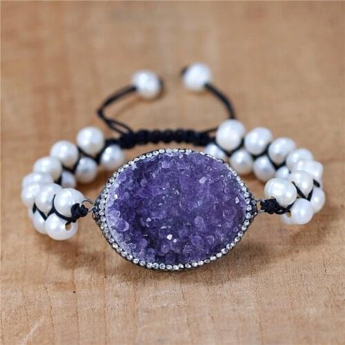 Vintage Macrame Raw Amethyst Druzy Charm and Freshwater Pearl Braided Beads Bracelet For Women Bohemia High End Jewelry Dropship