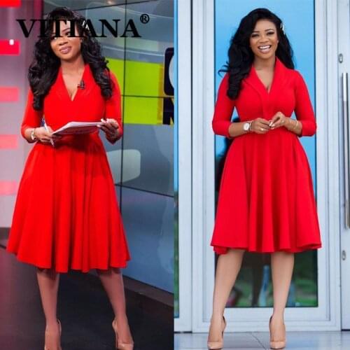 VITIANA Women Elegant Pleated V-Neck Slim Knee-Length Dress Autumn 2020 Female Solid Casual Dresses Femme Office OL Vestidos