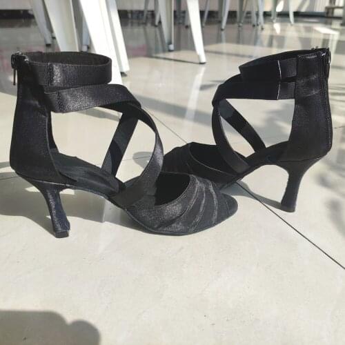 Evkoodance Women Ballroom Latin Dance Boots Ladys Black 8.3cm Heel Height Salsa Latin Dancing Shoes Zip Social Sandals