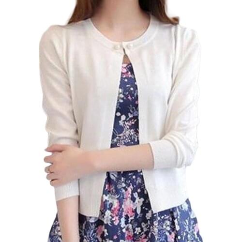 Women Solid Color Faux Pearl Button Short Knitted Cardigan Sweater Slim Shrug