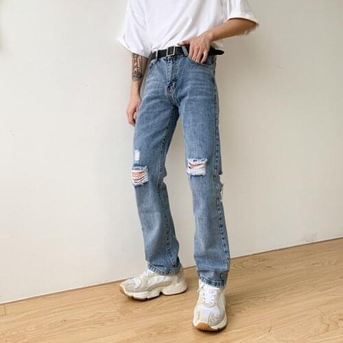 2021 Vintage Fashion Casual Broken Hole Straight Jeans Pant Male Japan Korea Style Streetwear Hip Hop Denim Trousers Moto Pants