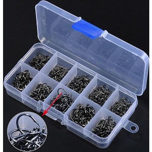 500 Pcs 10 Sizes Assorted Sharpened Carbon Steel Fishing Hooks with Tackle Box